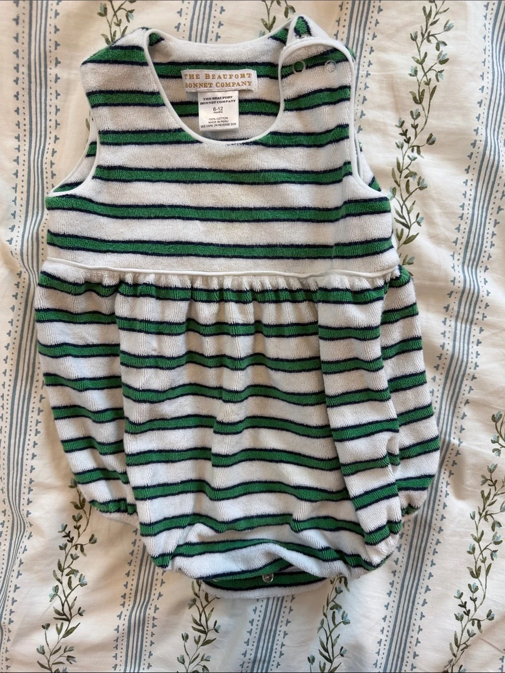 The Beaufort Bonnet Company Green and White Striped Knit Bubble Romper